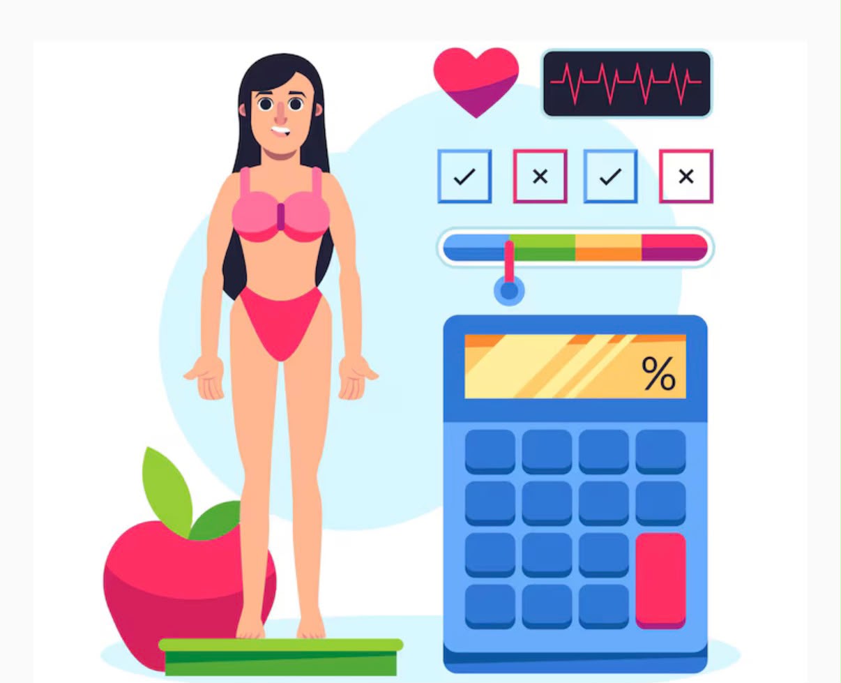 Ilustración de evaluación de composición corporal: mujer en báscula, indicadores de salud y porcentaje